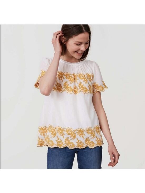 LOFT Tops - Loft Golden Floral Embroidered Linen Cotton Scalloped Boho Blouse L